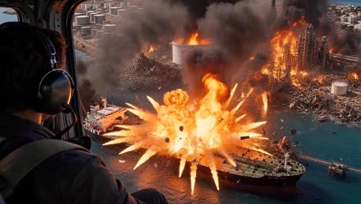 Not a photograph. A frame from the AI-generated video the president posted to Truth Social on August 30, 2026, captioned "Kharg Island being blown to smithereens!!!" Reuters found no evidence the island had been attacked.