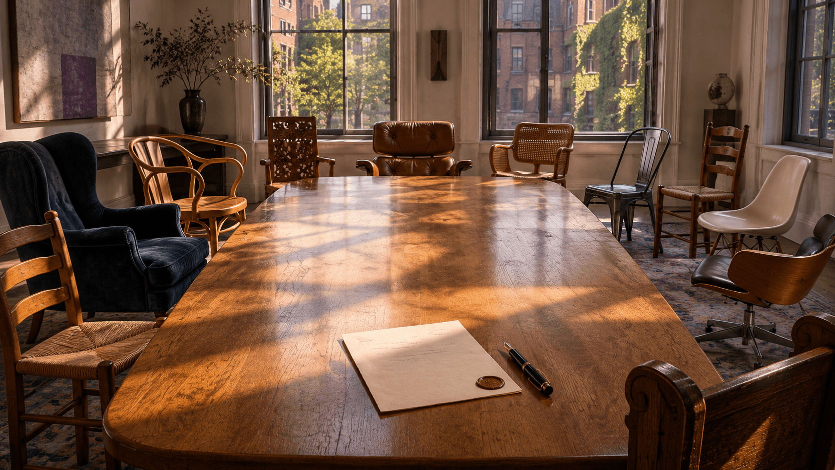 An empty conference room with eleven chairs of different designs around a polished oak table. A single sheet of paper with a wax seal and a fountain pen rest at one end. Soft natural light, brick academic buildings visible through the windows.