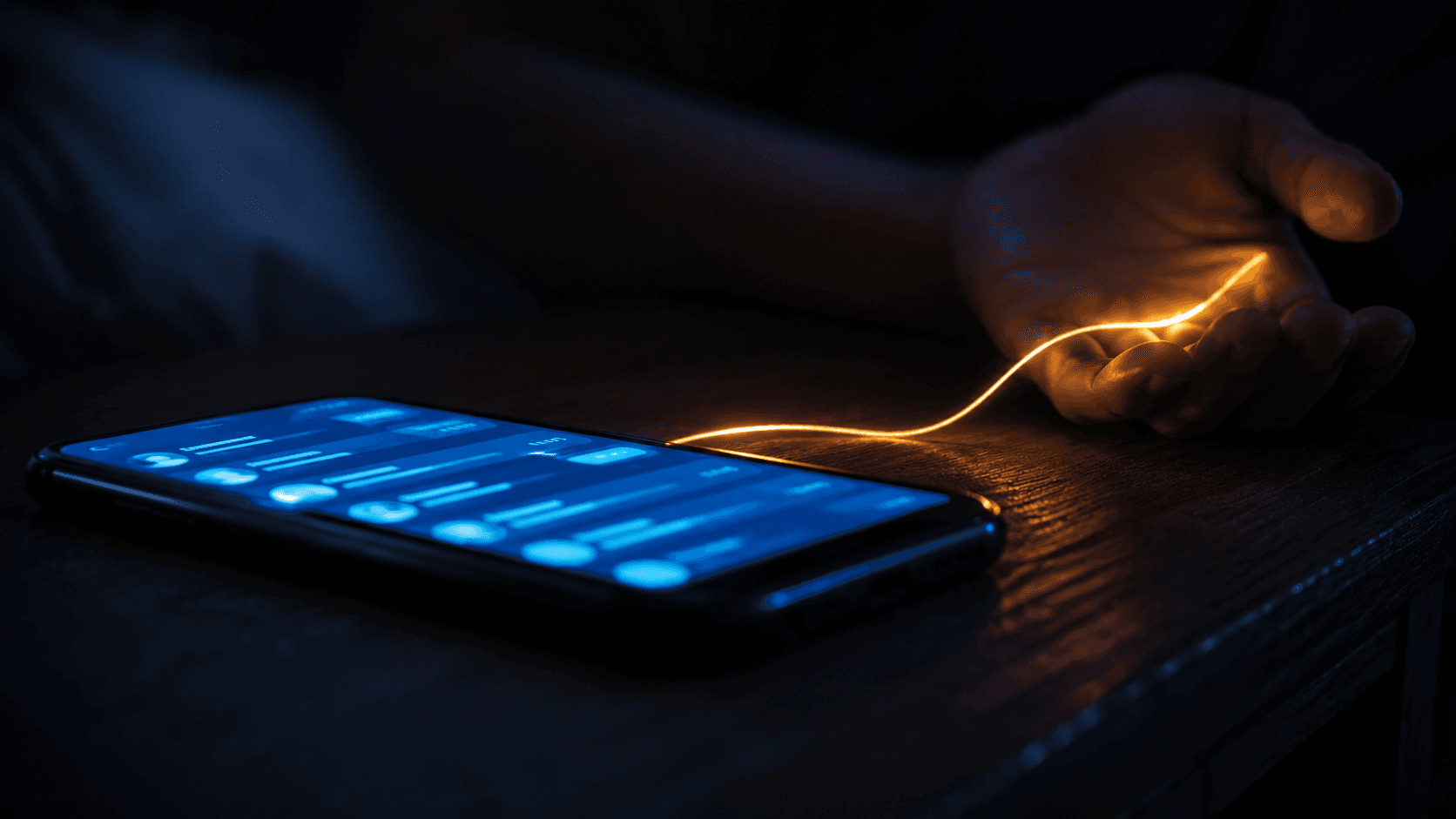 A phone in the dark, an inbox glowing, a soft gold cord of light resting against a sleeping hand