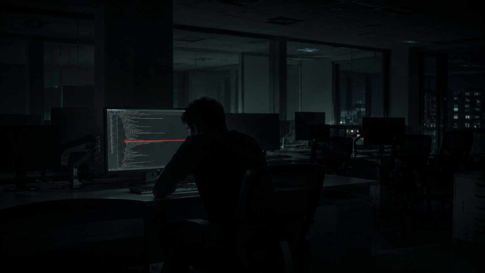 A dark, empty office at night — one lit monitor full of code, a single line highlighted red, a lone figure leaning in to read it, hands off the keyboard