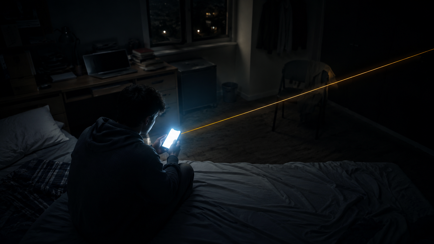 A dim dorm room at night, lit only by the cold glow of a phone in a student's hands, seen from behind, alone on the edge of an unmade bed. A single luminous gold cord runs from the phone out of the frame into darkness. Across the room, just in soft focus, an empty chair faces the bed.