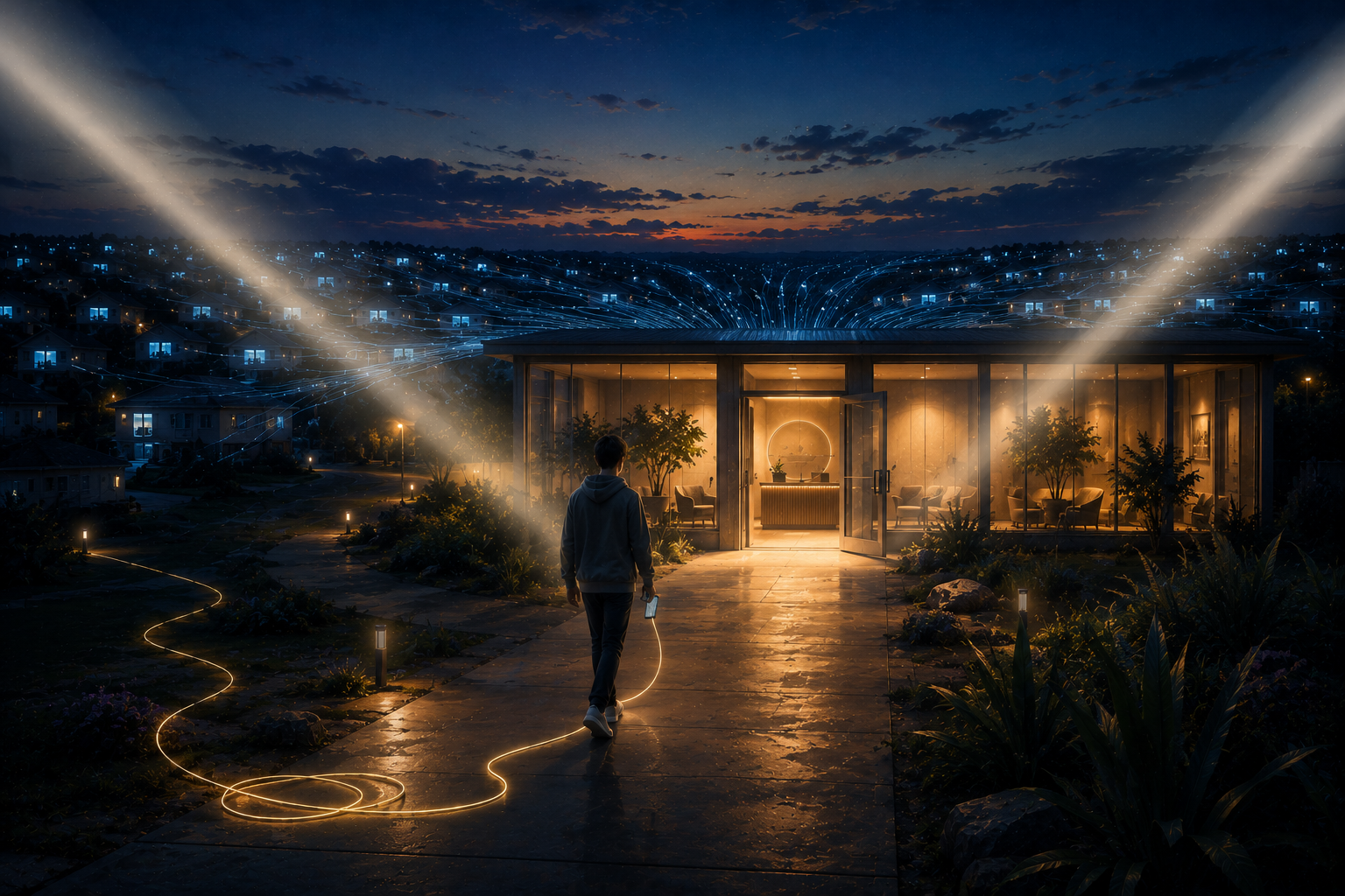 A photoreal night scene at blue hour, the sunset still burning low on the horizon. A teenager in a hoodie walks up a wet, warmly lit path toward a glass-front clinic with its door open. Two volumetric light beams cross exactly on the doorway. A thin glowing gold cord runs out of the phone in the teen's lowered hand and coils loose on the path behind them, trailing back toward a dark suburb of cold blue screen-lit windows — and from those windows, dozens of thin fiber-optic light streams pour into the clinic's roof.