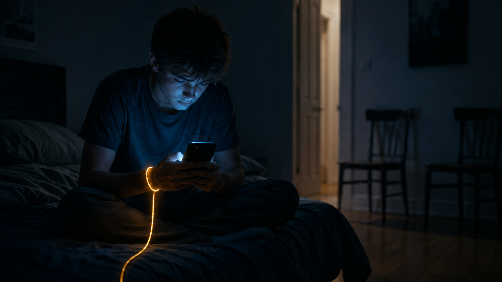 A teenager sits alone on a bed at night, face lit cold blue by a glowing phone, a single warm gold cord running out of the device and looping once around their wrist. Behind them, softened and out of focus, an empty doorway and two empty chairs where other people would be — the real connections just out of reach.